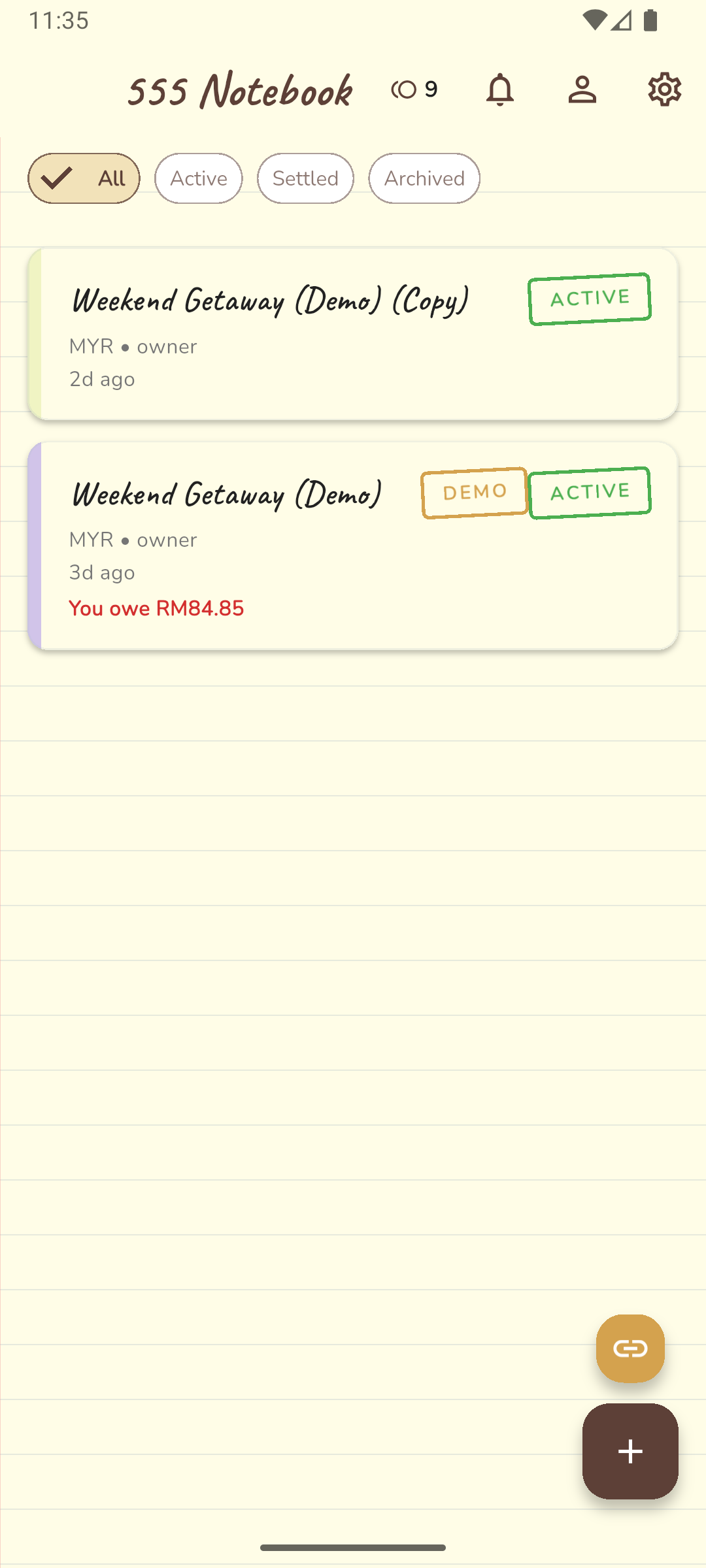 555 Notebook app — trip list screen