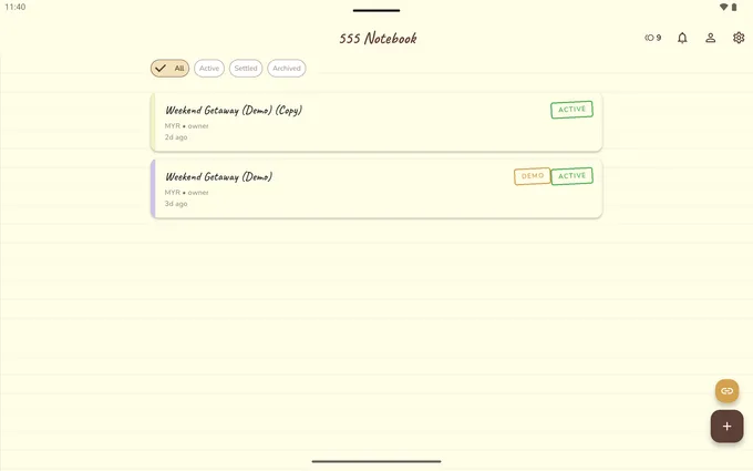 555 Notebook app — tablet view